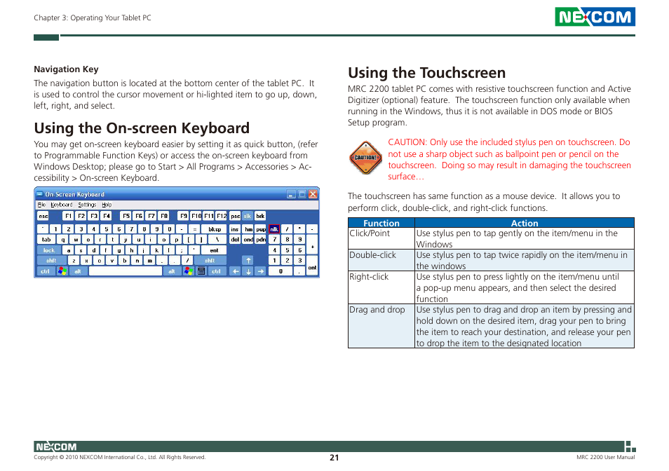 Using the on-screen keyboard, Using the touchscreen | NEXCOM MRC 2200 User Manual | Page 34 / 68