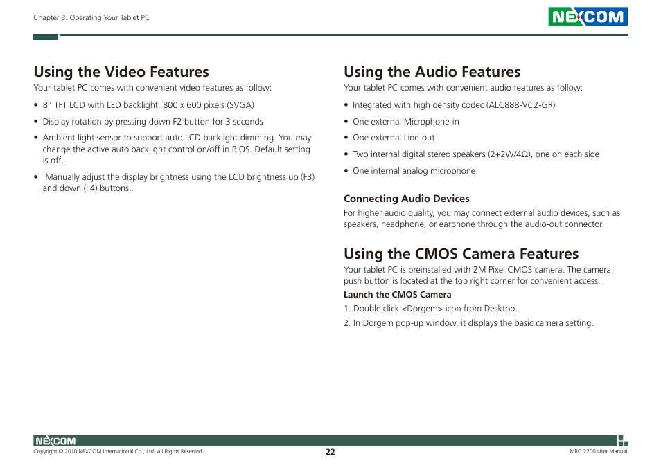 Using the video features, Using the audio features, Using the cmos camera features | NEXCOM MRC 2200 User Manual | Page 35 / 68