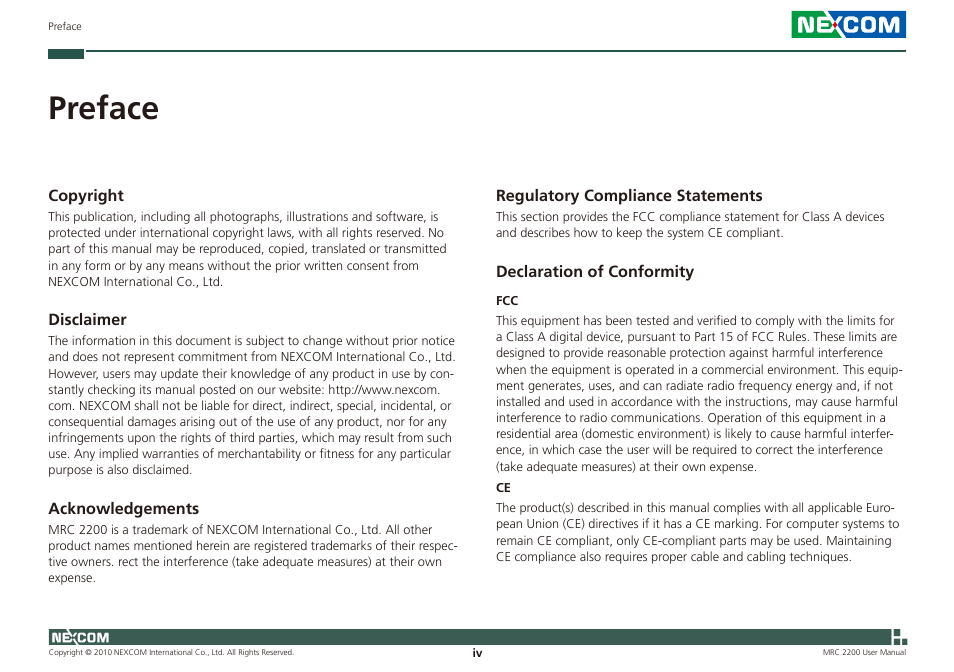 Preface | NEXCOM MRC 2200 User Manual | Page 4 / 68