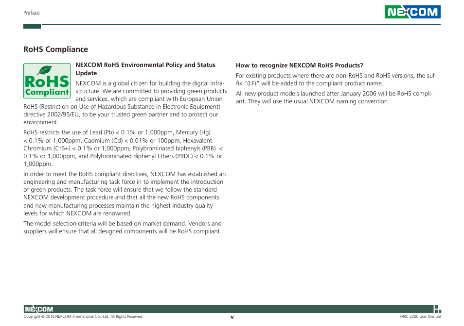 Rohs compliance | NEXCOM MRC 2200 User Manual | Page 5 / 68