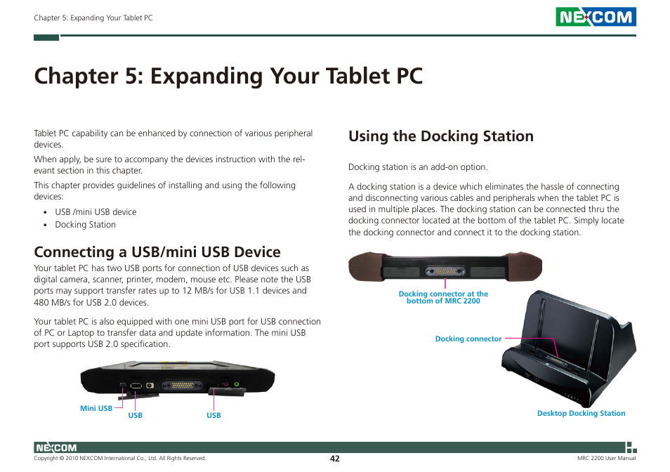 Chapter 5: expanding your tablet pc, Using the docking station, Connecting a usb/mini usb device | NEXCOM MRC 2200 User Manual | Page 55 / 68