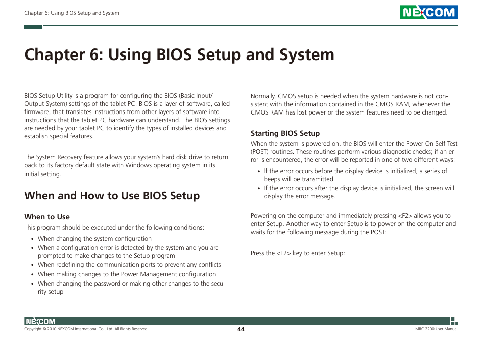 Chapter 6: using bios setup and system, When and how to use bios setup | NEXCOM MRC 2200 User Manual | Page 57 / 68