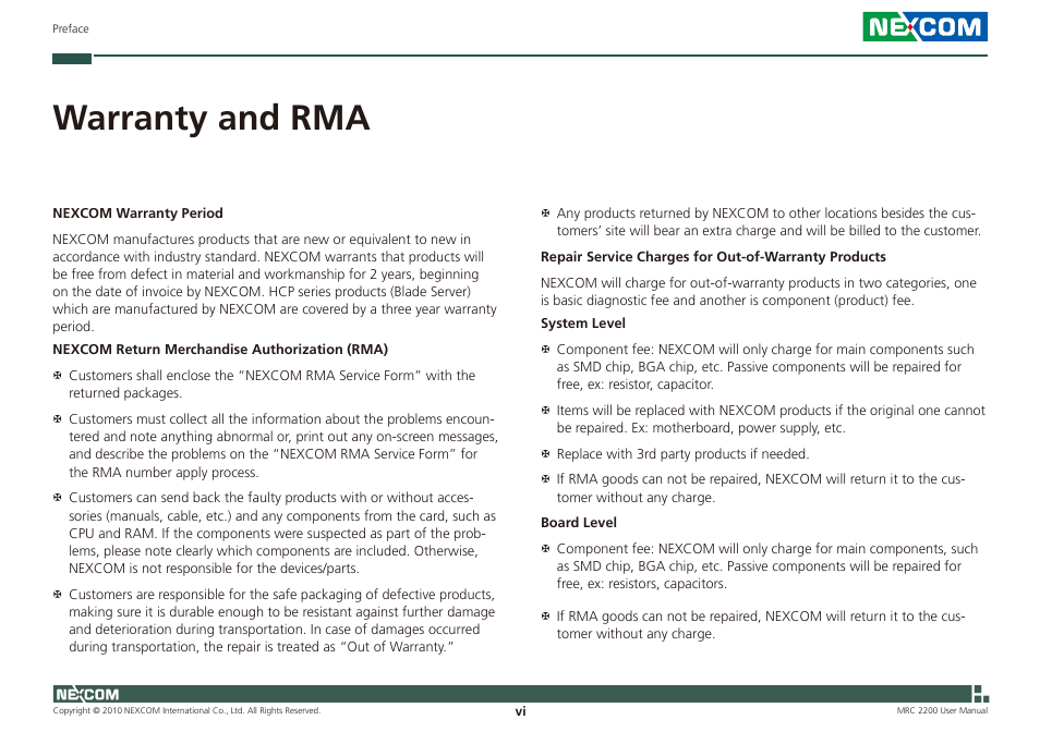 Warranty and rma | NEXCOM MRC 2200 User Manual | Page 6 / 68