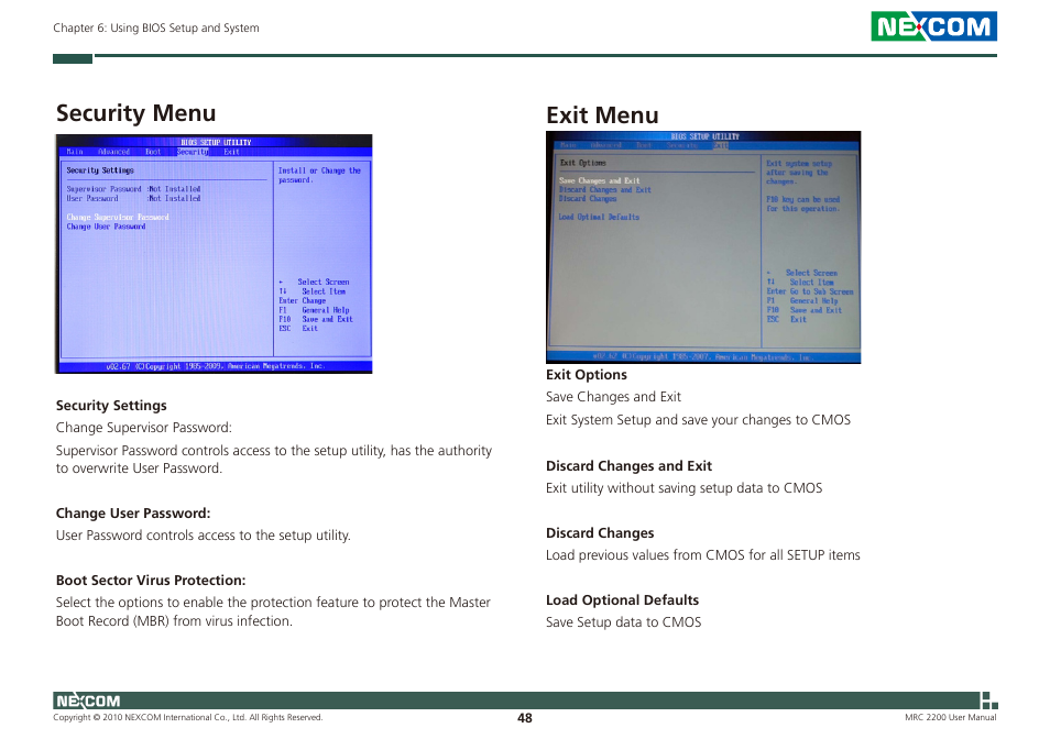 Security menu, Exit menu | NEXCOM MRC 2200 User Manual | Page 61 / 68