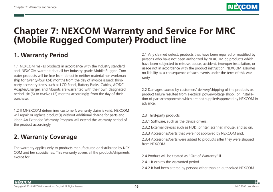 Warranty period, Warranty coverage | NEXCOM MRC 2200 User Manual | Page 62 / 68