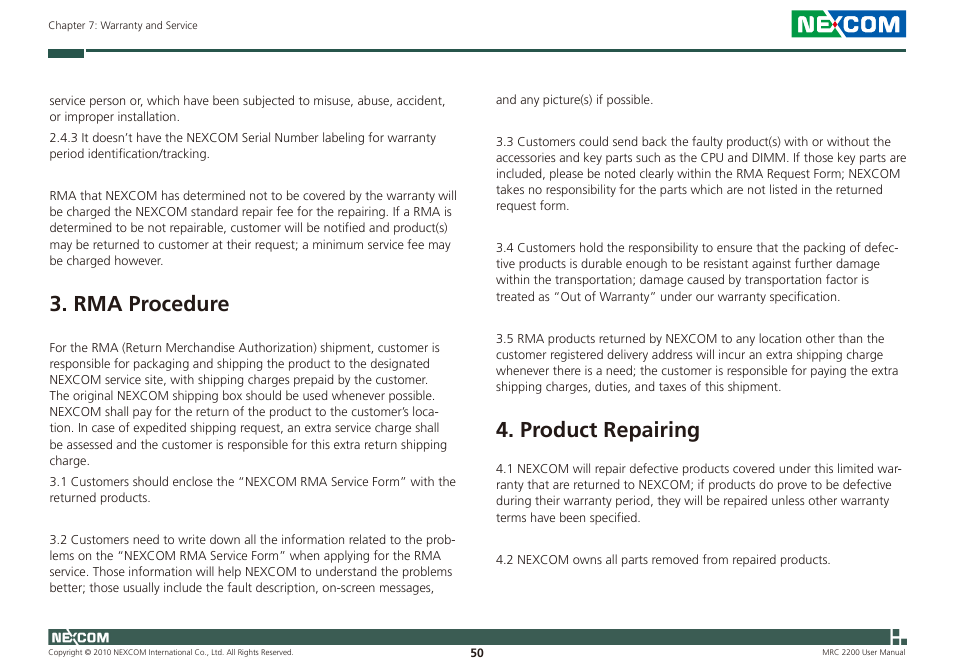 Rma procedure, Product repairing | NEXCOM MRC 2200 User Manual | Page 63 / 68