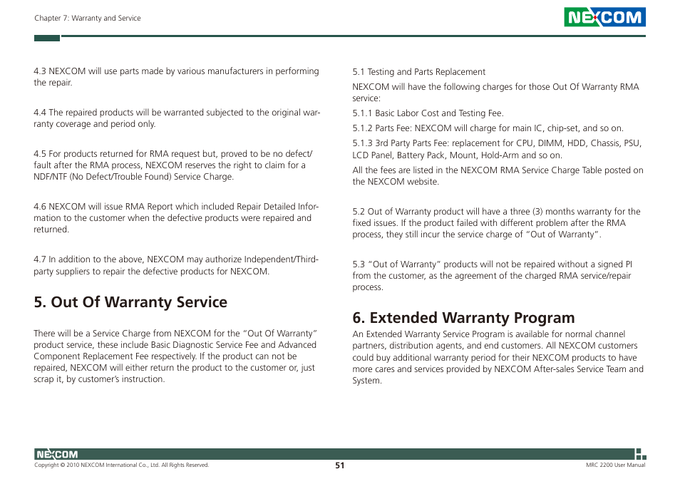 Out of warranty service, Extended warranty program | NEXCOM MRC 2200 User Manual | Page 64 / 68