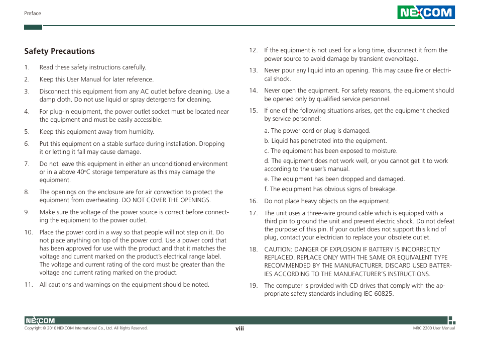 Safety precautions | NEXCOM MRC 2200 User Manual | Page 8 / 68