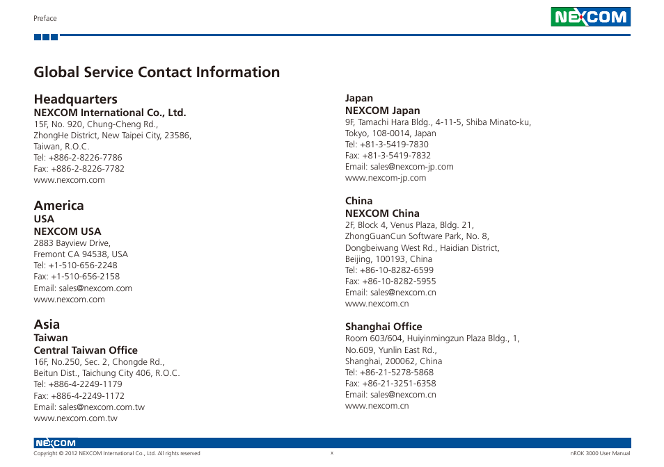 Global service contact information, Headquarters, America | Asia | NEXCOM nROK 3000 User Manual | Page 10 / 50