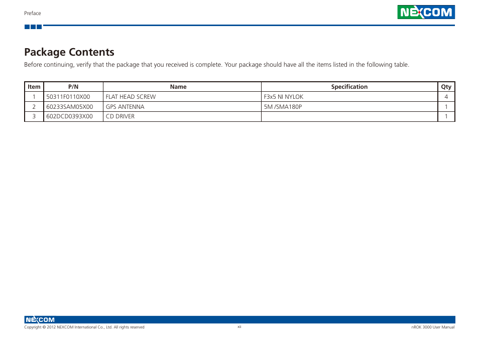 Package contents | NEXCOM nROK 3000 User Manual | Page 12 / 50
