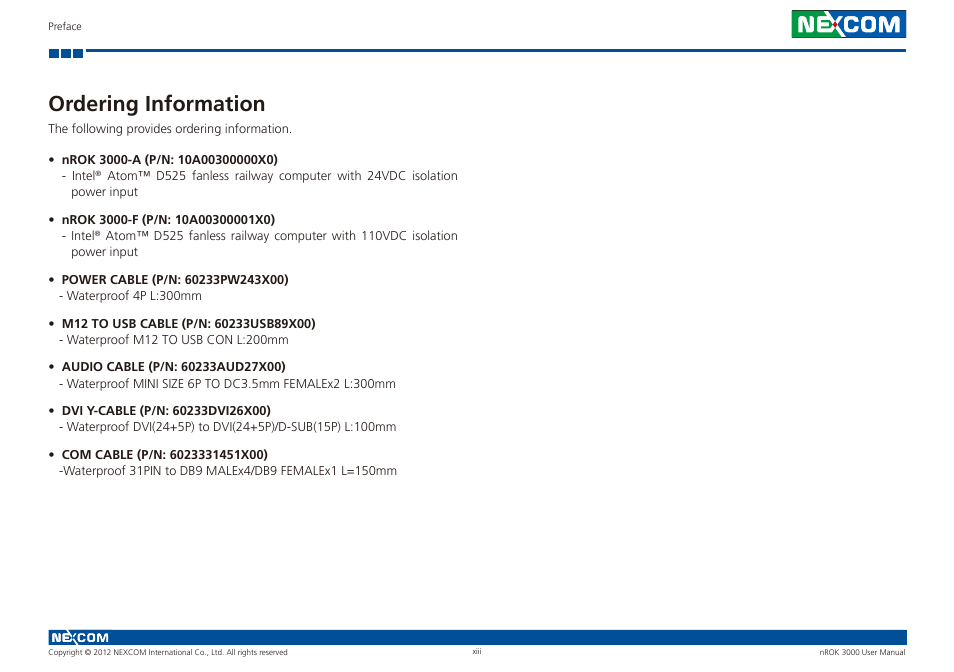 Ordering information | NEXCOM nROK 3000 User Manual | Page 13 / 50