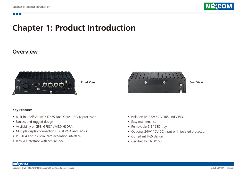 Chapter 1: product introduction, Overview | NEXCOM nROK 3000 User Manual | Page 14 / 50