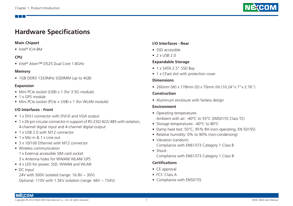 Hardware specifications | NEXCOM nROK 3000 User Manual | Page 16 / 50