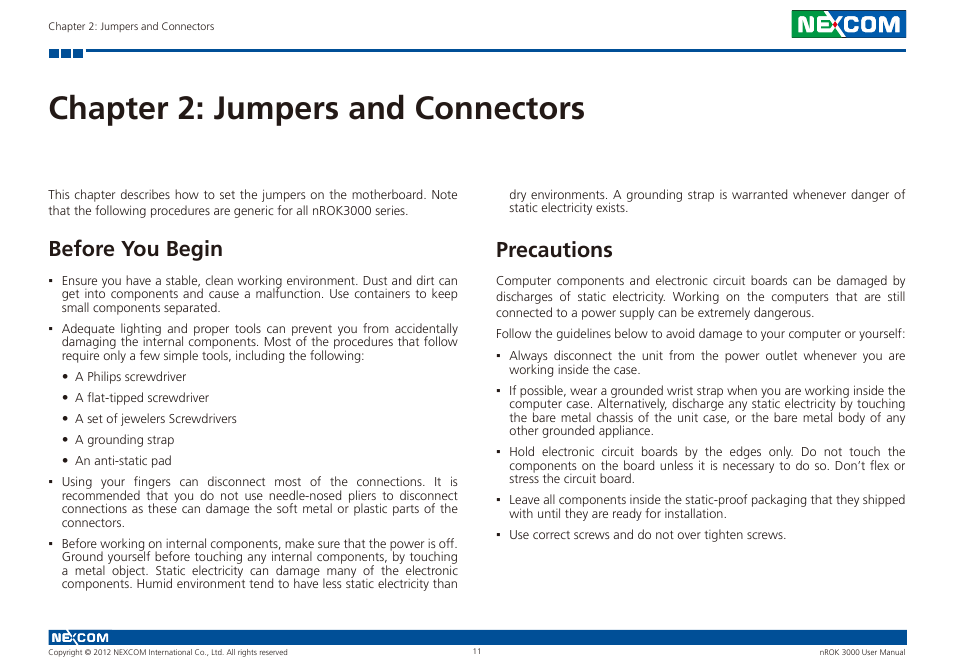 Chapter 2: jumpers and connectors, Before you begin, Precautions | NEXCOM nROK 3000 User Manual | Page 24 / 50