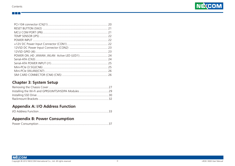 Chapter 3: system setup, Appendix a: i/o address function, Appendix b: power consumption | NEXCOM nROK 3000 User Manual | Page 3 / 50