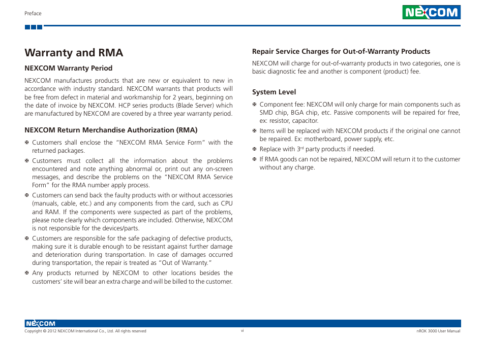 Warranty and rma | NEXCOM nROK 3000 User Manual | Page 6 / 50