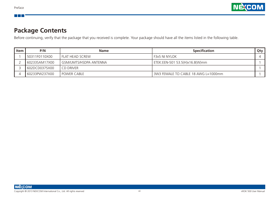 Package contents | NEXCOM nROK 500 User Manual | Page 12 / 42