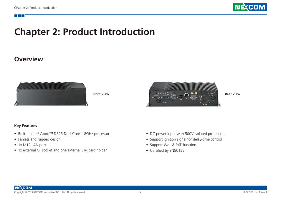 Chapter 2: product introduction, Overview, Key features | NEXCOM nROK 500 User Manual | Page 16 / 42