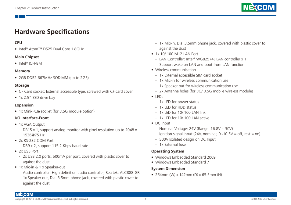 Hardware specifications | NEXCOM nROK 500 User Manual | Page 18 / 42