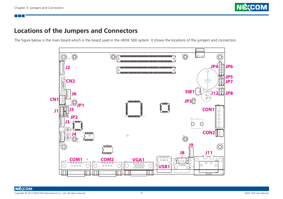 Locations of the jumpers and connectors, Chapter 3: jumpers and connectors | NEXCOM nROK 500 User Manual | Page 23 / 42