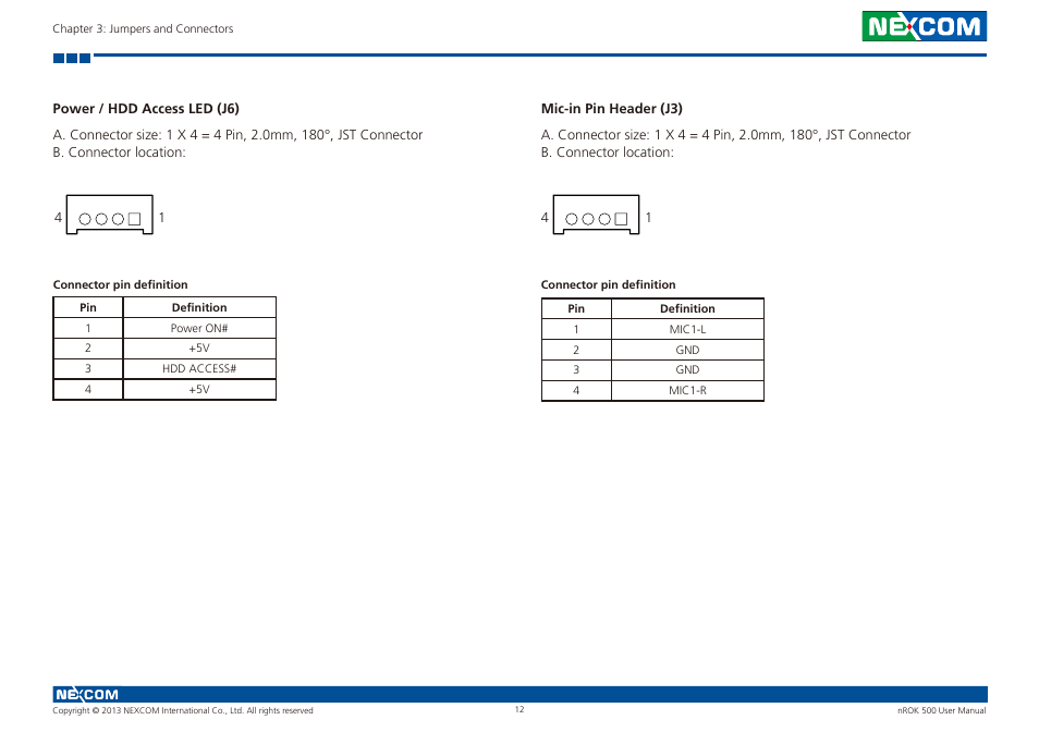 Power / hdd access led (j6) mic-in pin header (j3) | NEXCOM nROK 500 User Manual | Page 25 / 42