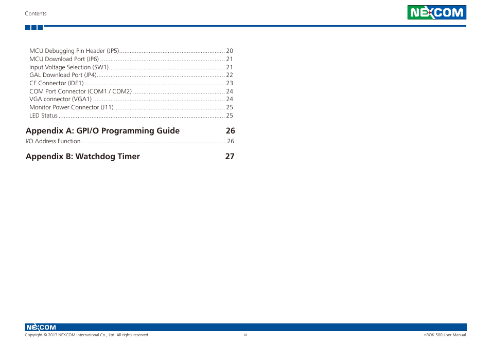 Appendix a: gpi/o programming guide 26, Appendix b: watchdog timer 27 | NEXCOM nROK 500 User Manual | Page 3 / 42