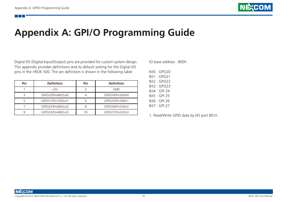Appendix a: gpi/o programming guide 26, I/o address function, Appendix a: gpi/o programming guide | NEXCOM nROK 500 User Manual | Page 39 / 42