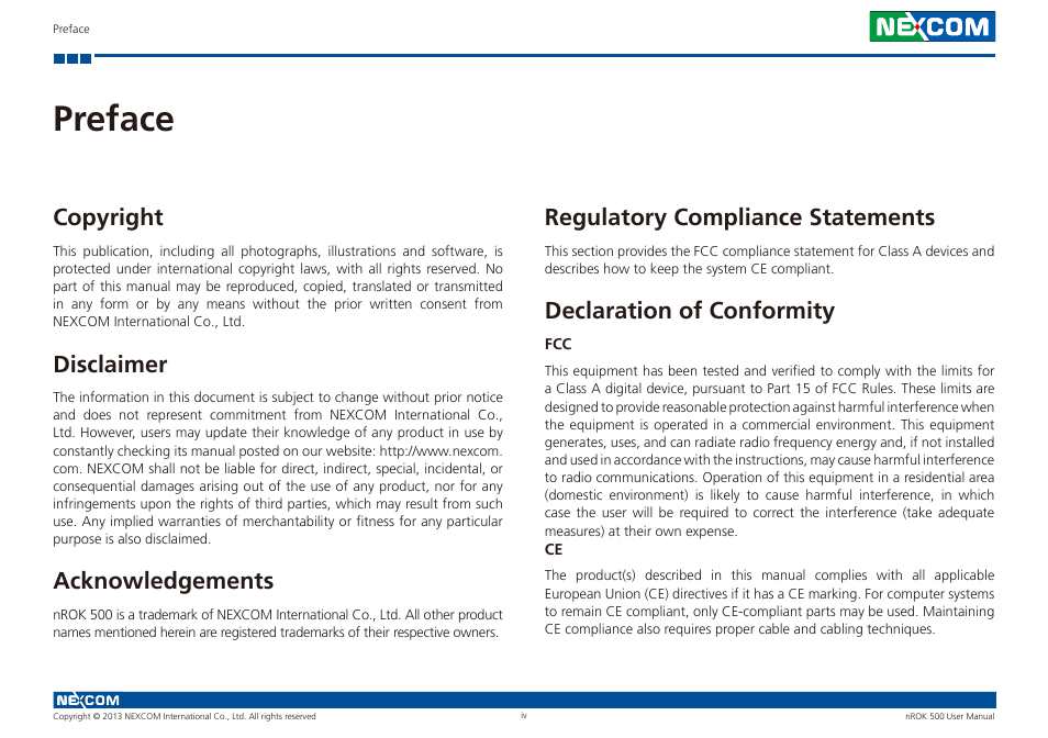 Preface, Regulatory compliance statements, Declaration of conformity | Copyright, Disclaimer, Acknowledgements | NEXCOM nROK 500 User Manual | Page 4 / 42