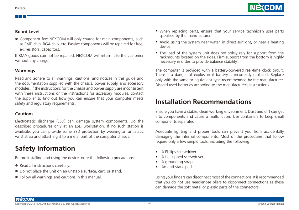 Safety information, Installation recommendations | NEXCOM nROK 500 User Manual | Page 7 / 42