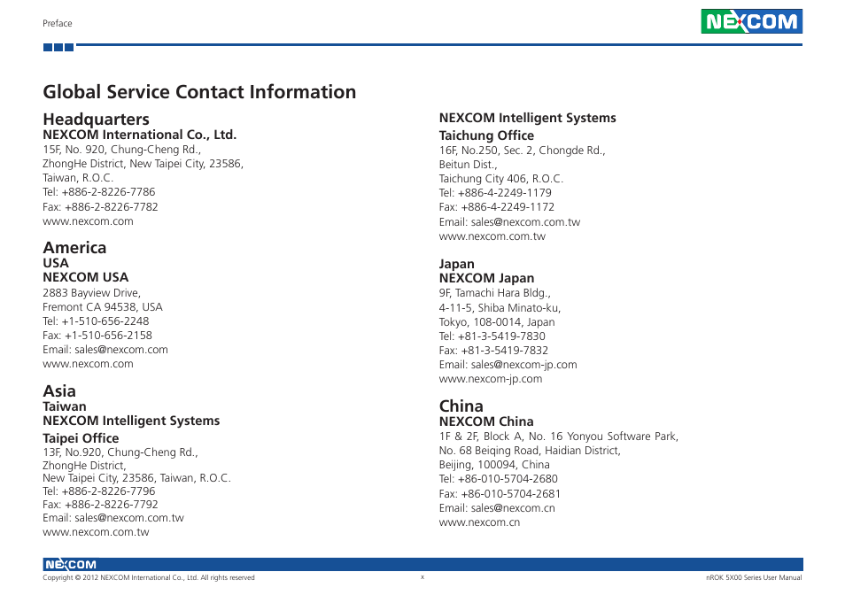 Global service contact information, Headquarters, America | Asia, China | NEXCOM nROK 5300 User Manual | Page 10 / 62