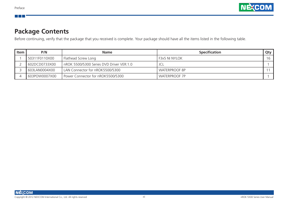 Package contents | NEXCOM nROK 5300 User Manual | Page 12 / 62