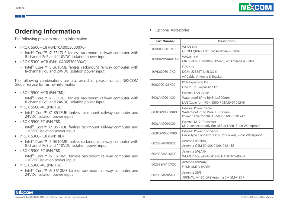 Ordering information | NEXCOM nROK 5300 User Manual | Page 13 / 62