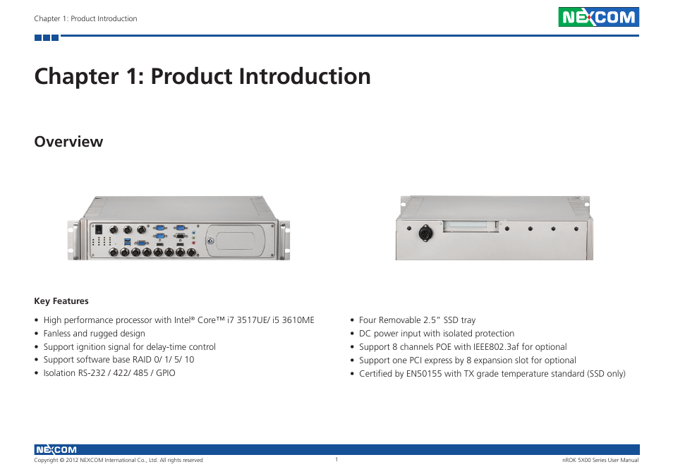 Chapter 1: product introduction, Overview, Key features | NEXCOM nROK 5300 User Manual | Page 14 / 62