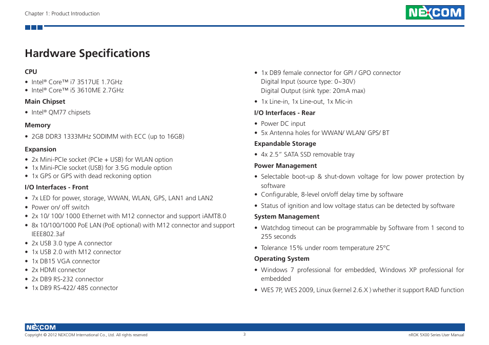 Hardware specifications | NEXCOM nROK 5300 User Manual | Page 16 / 62