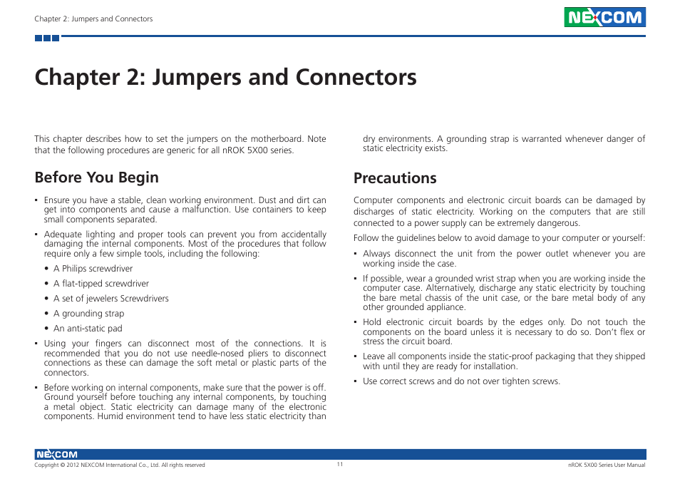 Chapter 2: jumpers and connectors, Before you begin, Precautions | Before you begin precautions | NEXCOM nROK 5300 User Manual | Page 24 / 62