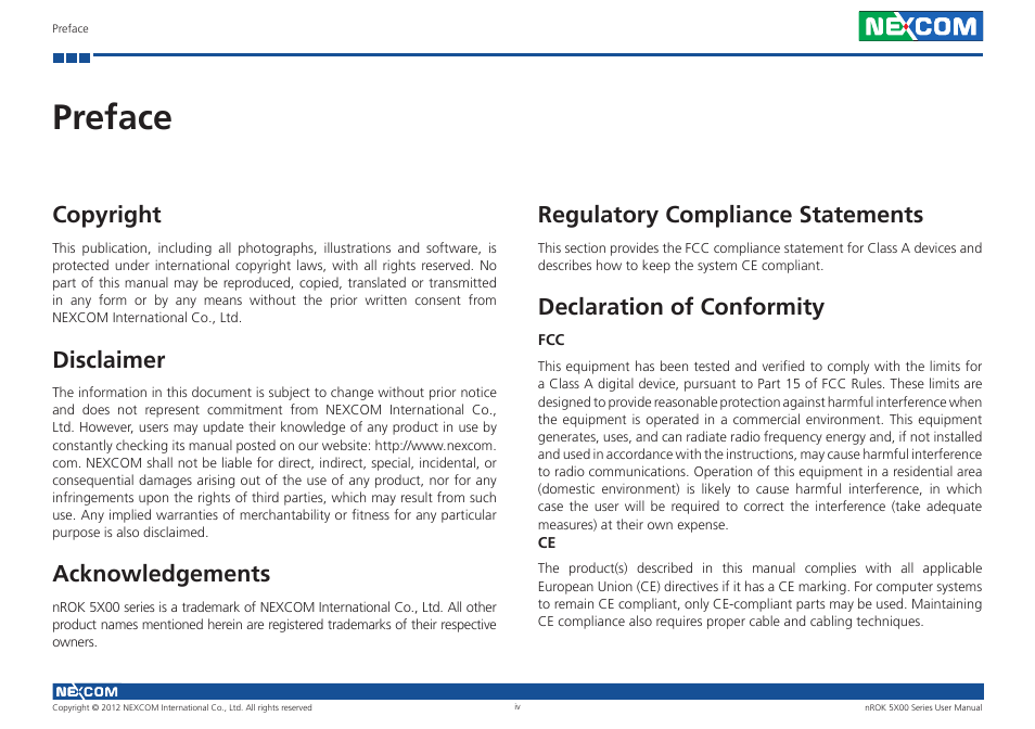 Preface, Copyright, Disclaimer | Acknowledgements, Regulatory compliance statements, Declaration of conformity | NEXCOM nROK 5300 User Manual | Page 4 / 62