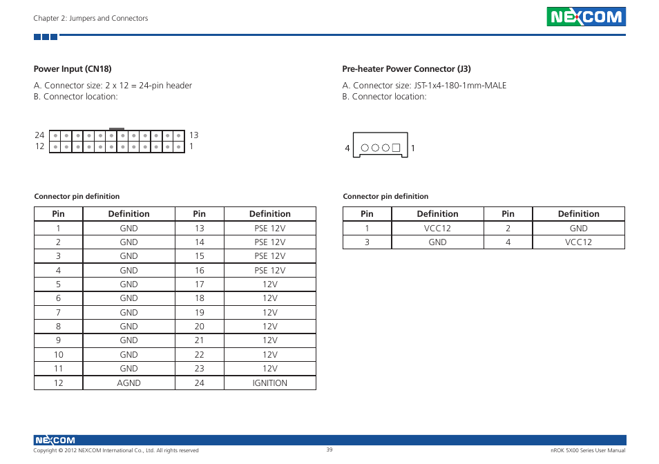 Power input (cn18), Pre-heater power connector (j3), Power input (cn18) pre-heater power connector (j3) | NEXCOM nROK 5300 User Manual | Page 52 / 62