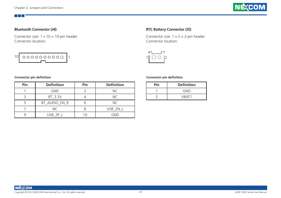 Bluetooth connector (j4), Rtc battery connector (j5) | NEXCOM nROK 5300 User Manual | Page 56 / 62