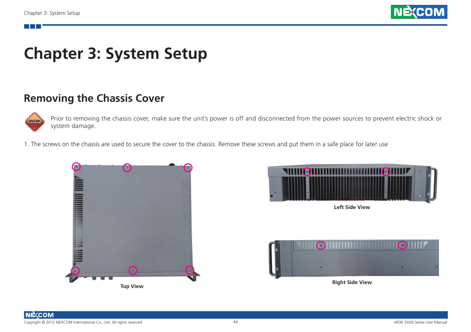 Chapter 3: system setup, Removing the chassis cover | NEXCOM nROK 5300 User Manual | Page 57 / 62