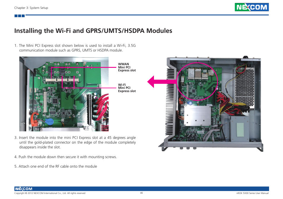 Installing the wi-fi and gprs/umts/hsdpa modules | NEXCOM nROK 5300 User Manual | Page 59 / 62