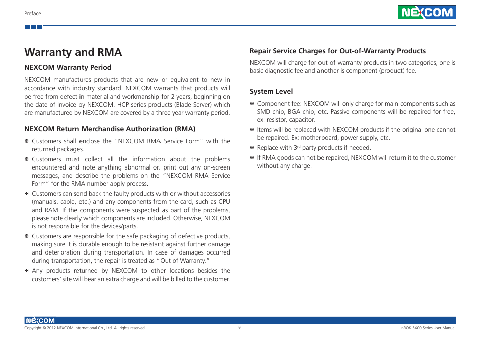 Warranty and rma | NEXCOM nROK 5300 User Manual | Page 6 / 62