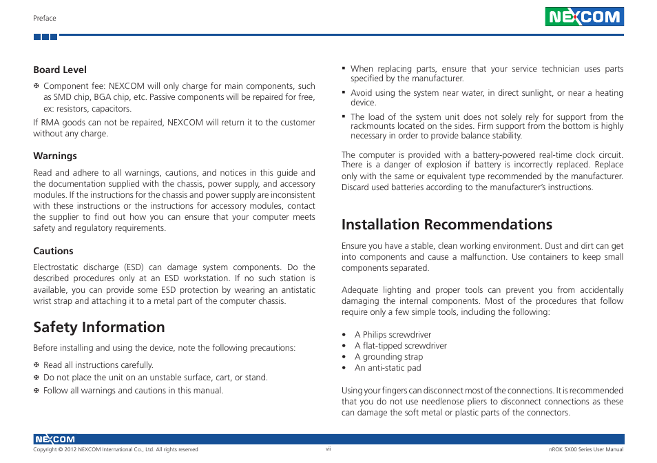 Safety information, Installation recommendations | NEXCOM nROK 5300 User Manual | Page 7 / 62