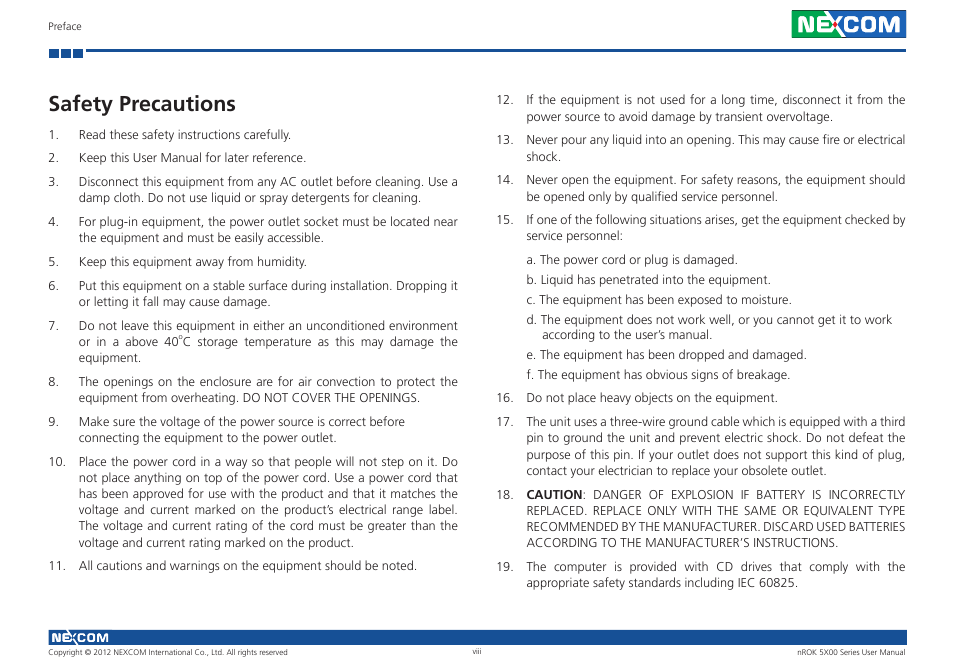 Safety precautions | NEXCOM nROK 5300 User Manual | Page 8 / 62