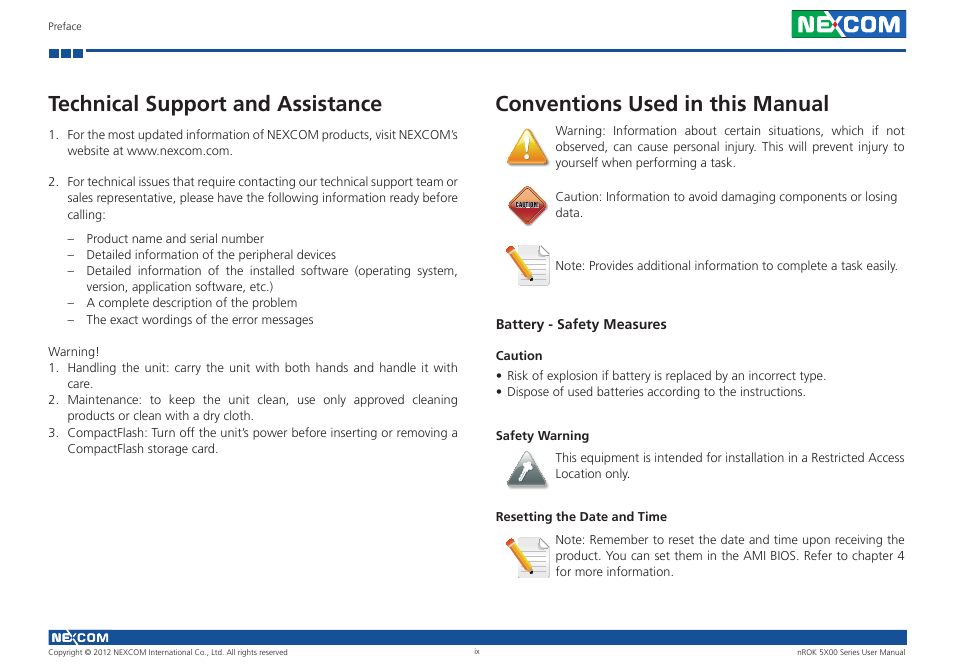 Technical support and assistance, Conventions used in this manual | NEXCOM nROK 5300 User Manual | Page 9 / 62