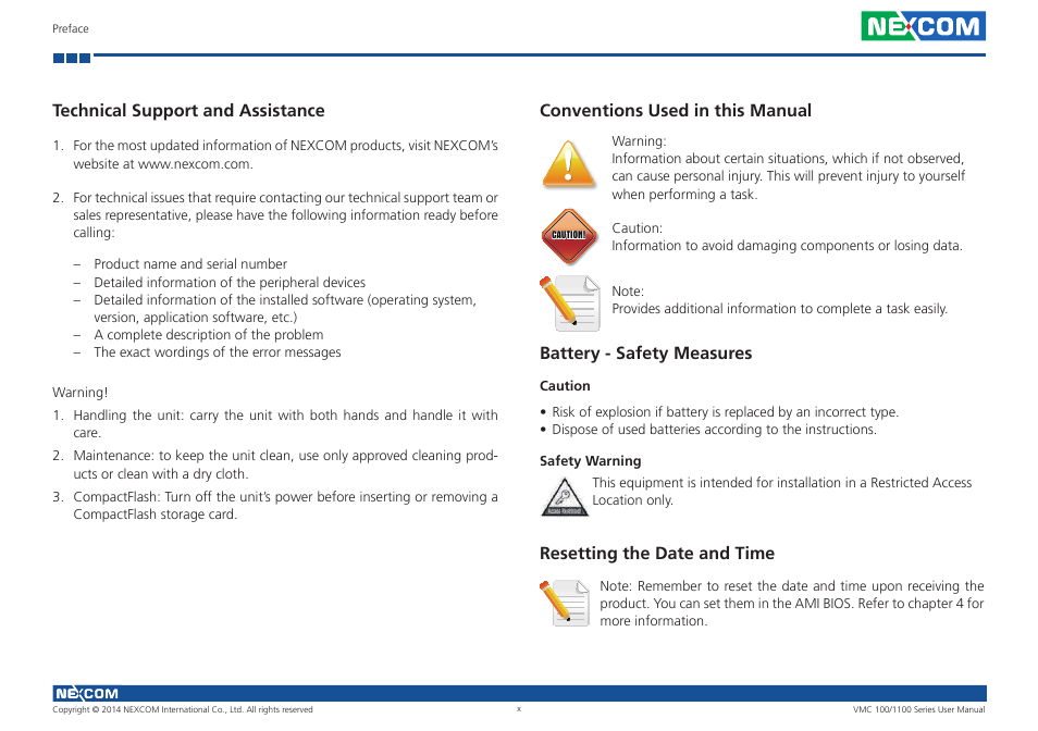 Technical support and assistance, Conventions used in this manual, Resetting the date and time | NEXCOM VMC 100 User Manual | Page 10 / 113