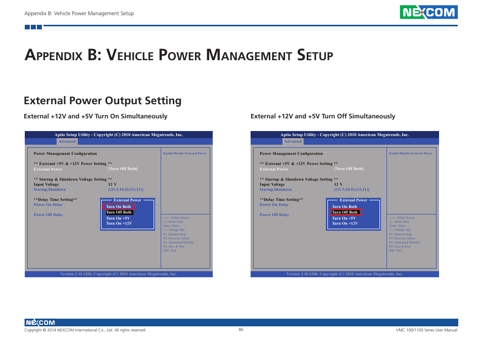 Appendix b: vehicle power management setup, B: v, Ppendix | Ehicle, Ower, Anagement, Etup, External power output setting | NEXCOM VMC 100 User Manual | Page 100 / 113