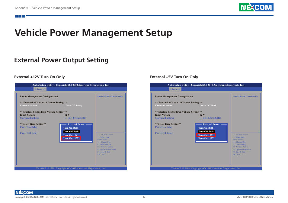 Vehicle power management setup, External power output setting | NEXCOM VMC 100 User Manual | Page 101 / 113