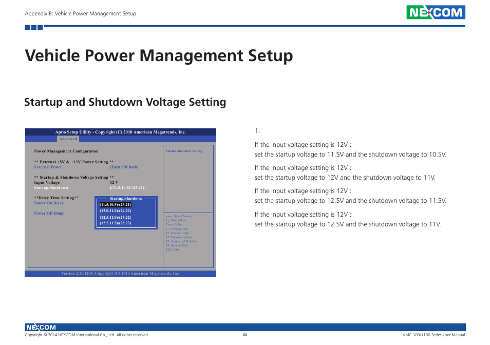 Vehicle power management setup, Startup and shutdown voltage setting | NEXCOM VMC 100 User Manual | Page 102 / 113
