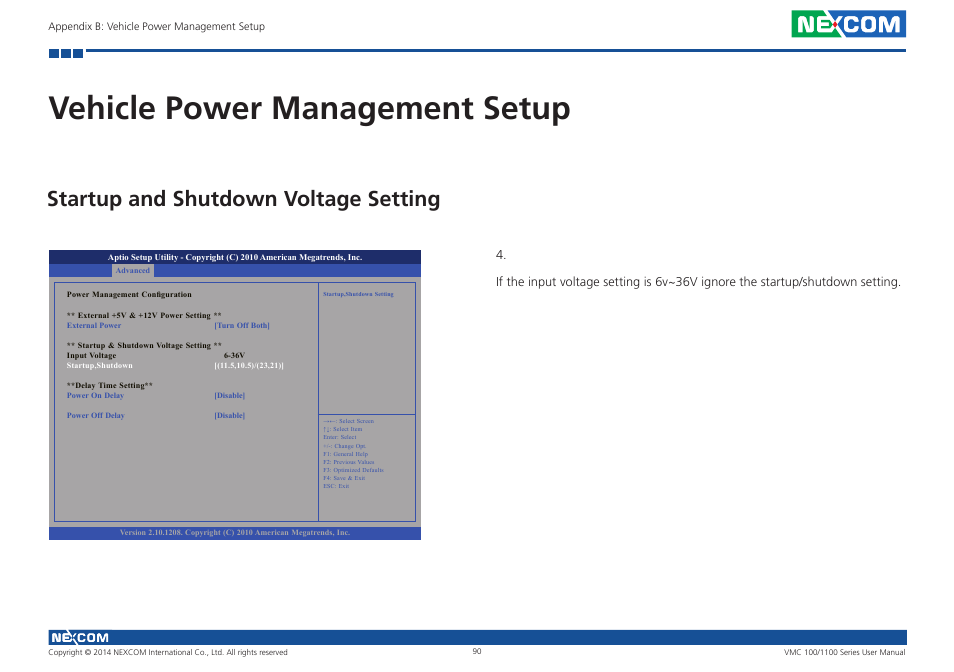 Vehicle power management setup, Startup and shutdown voltage setting | NEXCOM VMC 100 User Manual | Page 104 / 113