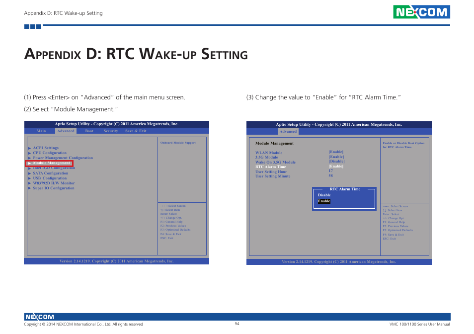 Appendix d: rtc wake-up setting, D: rtc w, Ppendix | Etting | NEXCOM VMC 100 User Manual | Page 108 / 113